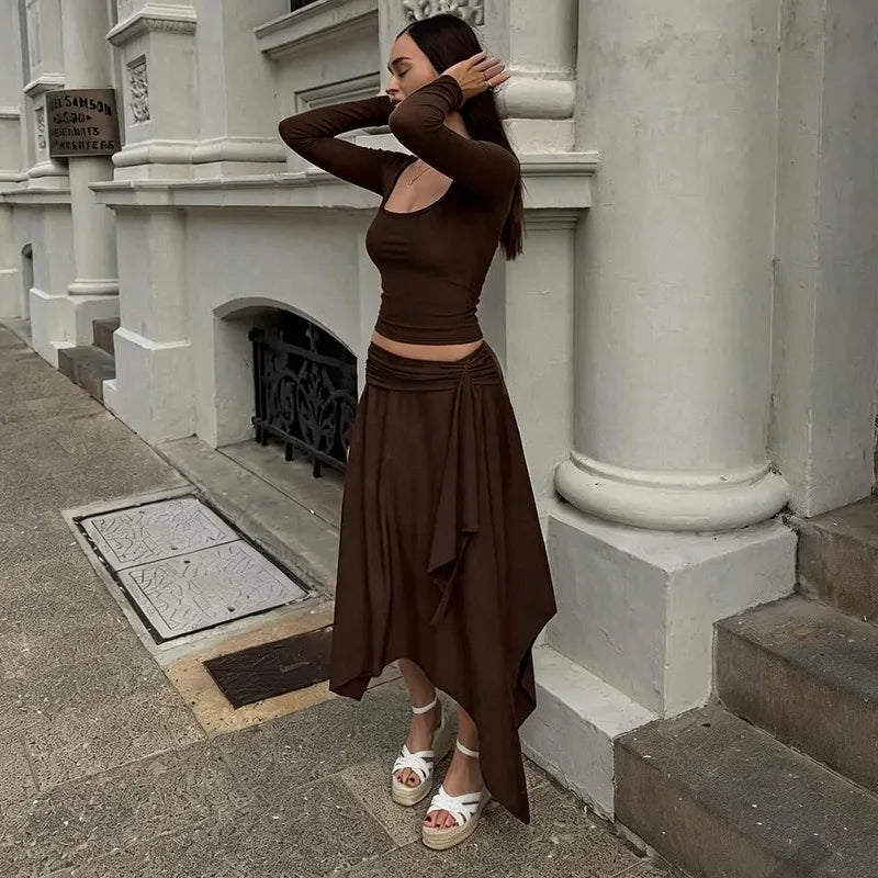 2 Piece Sets Long Sleeve Top and Matching Asymmetrical Midi Skirt Coords Set for Woman Elegant Fall Outfits