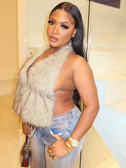 Halter Furry Tank Tops Women Sexy Backless Bandage Y2K Summer Trend Midnight Party Clubwear Hipster Wild Basic Vest