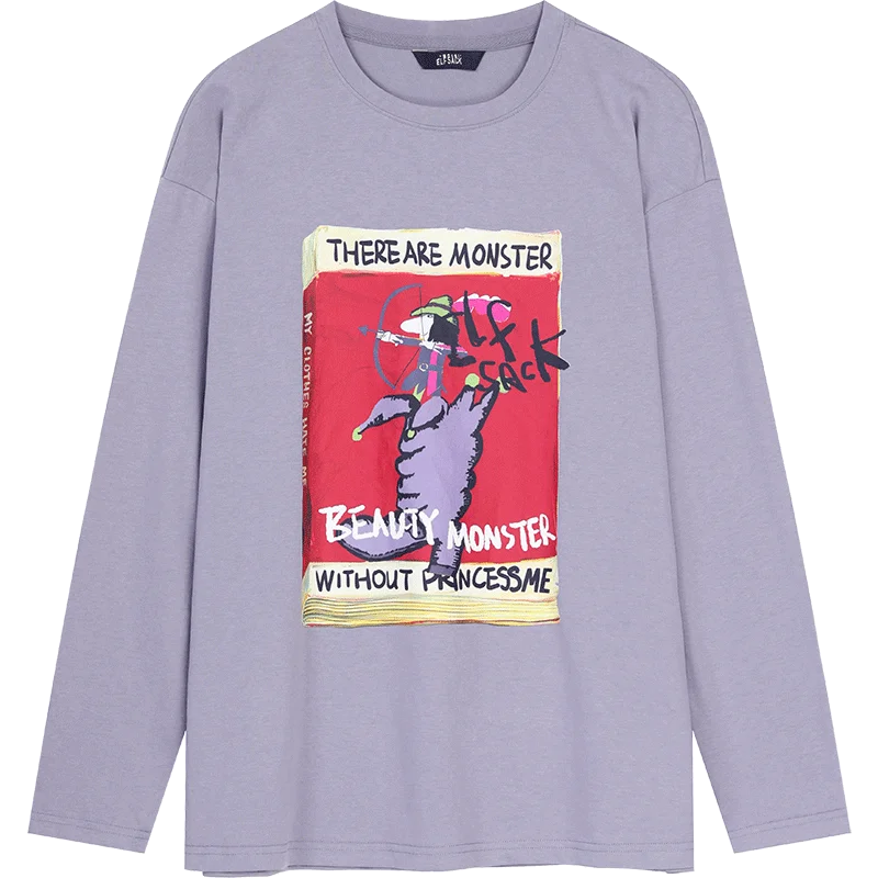 Khaki Cartoon Cat Print Long Sleeve T-Shirt for Women