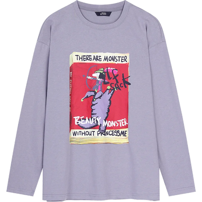 Khaki Cartoon Cat Print Long Sleeve T-Shirt for Women