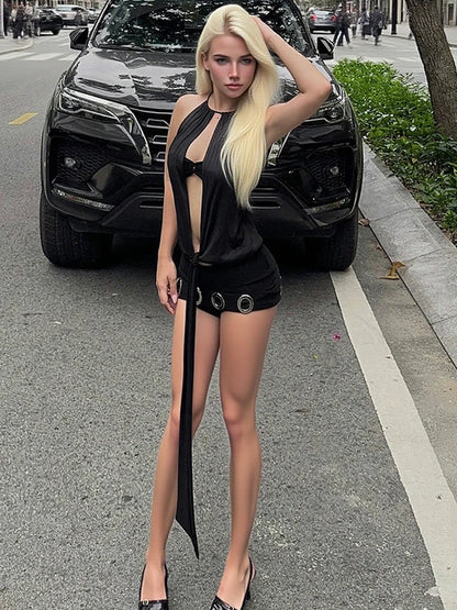 Hottie Sexy 2-Piece Set Women Sleeveless Hollow Lace-Up Patchwork Top+Peach Hip Mini Skirt Skinny Street Clubwear Outfits