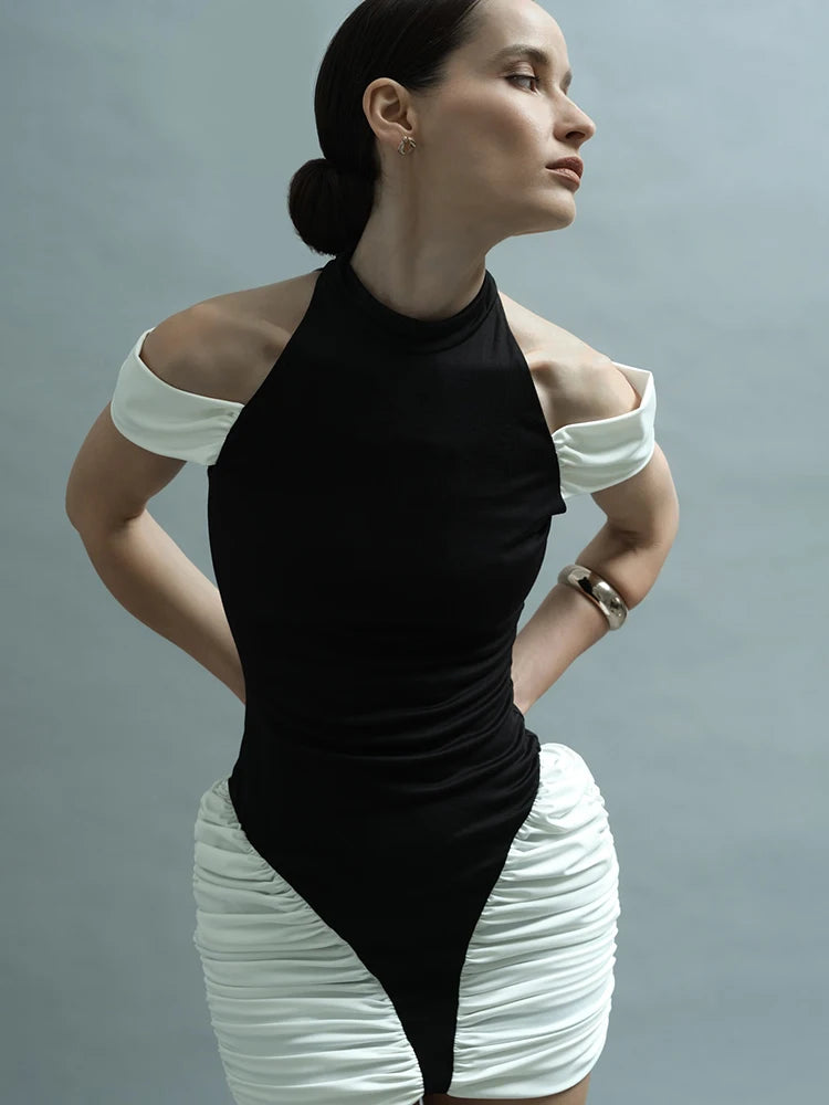 Contrast Patchwork Dress Women Shoulder Off Sexy O-Neck Pleated Y2K Summer Elegant Birthday Club Party Simple Bodycon