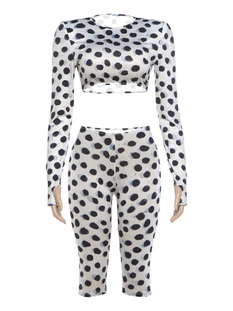 Polka Dot Print 2 Piece Set Women Trend O-Neck Full Sleeve Crop T-Shirt+Capri Pants Fashion Chic Street Sport Suits