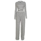 Casual Striped Long Sleeve 2 Piece Sets Women Outfit Wide Leg Pants and Crop Top Matching Sets Brunch Outfit
