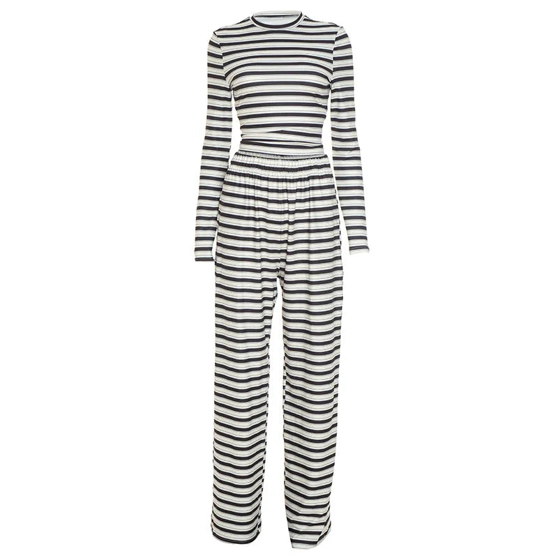 Casual Striped Long Sleeve 2 Piece Sets Women Outfit Wide Leg Pants and Crop Top Matching Sets Brunch Outfit