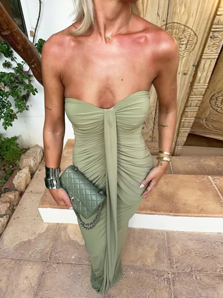 Strapless Dress Women Classic Patchwork Ribbon Ruched Sexy Elegant Birthday Party Skinny Stretch Clubwear Bodycon