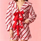 Women Christmas Candy Cane Striped 2 Piece Pajama Set Lapel Collar Front Bow Long Sleeve Top Shorts Loungewear Sleepwear