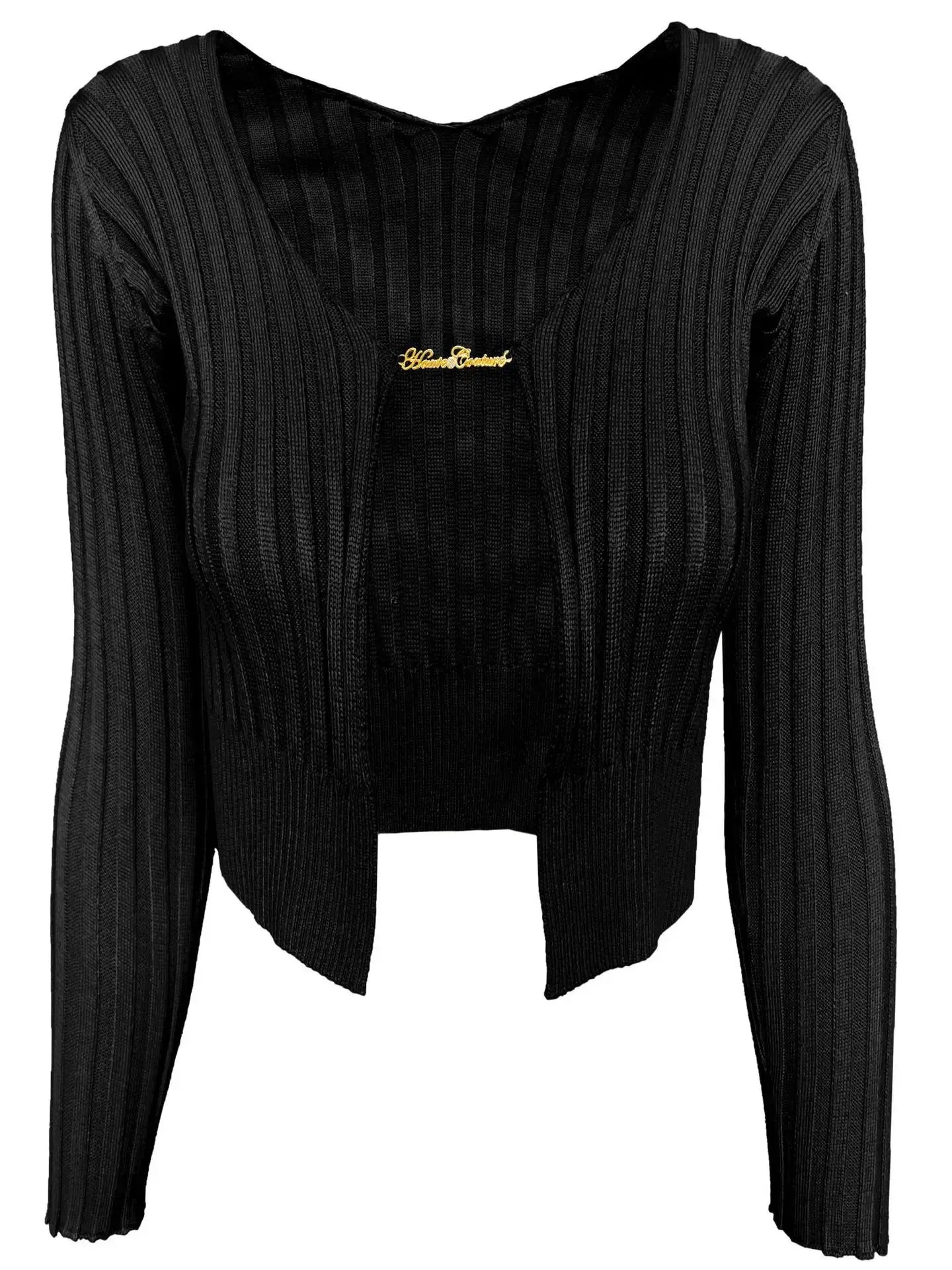 Sexy Solid Knitted Cardigan Sweater Women Y2k Gold Metal Single Button Deep V Neck Long Sleeve Crop Tops