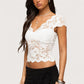 Y2K Sexy Sheer Lace Crop T-Shirt V Neck Scallop Trim Short Sleeve Slim Fitted Hollow Back Night Club Party Cropped Top