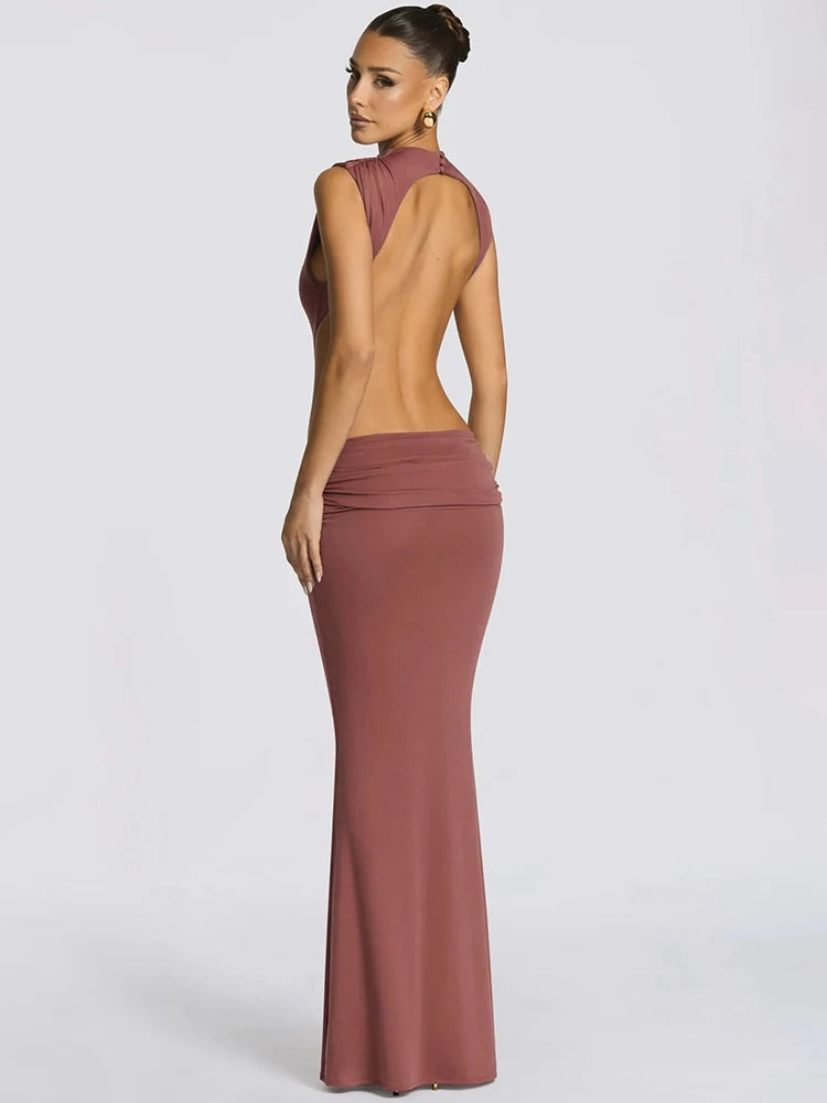 Women Cutout Backless Sexy Maxi Dress Elegant High Neck Sleeveless Ruched Bodycon Club Party Beach Long Dress Fashion
