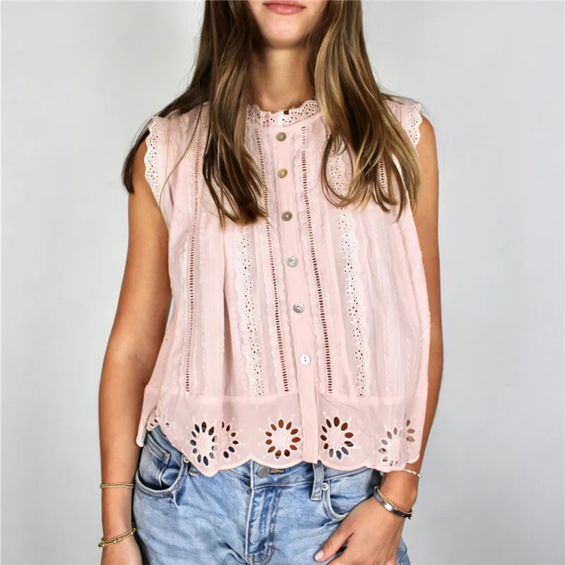 Bohemian Lace Eyelet Sleeveless Blouse Women Button Front Embroidery Cropped Top White Pink Blue Casual Cottage Shirt