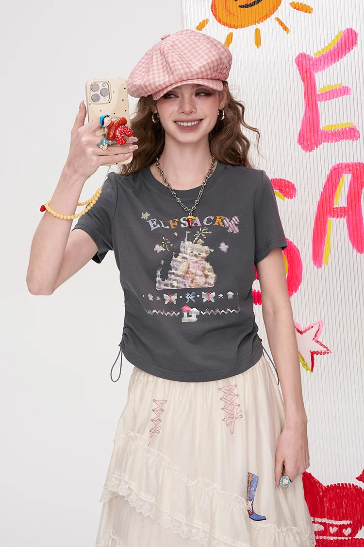 Y2K Cartoon Print Crop T-Shirt Short Sleeve Ruched Side Slim Fit Tee for Women