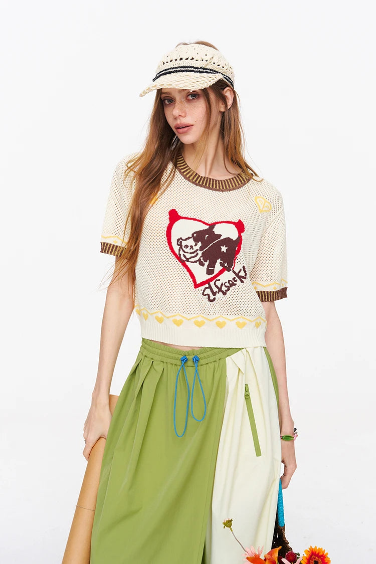Women's Crochet Knitwear with Heart Animal Pattern, Short Sleeve Color Block Trim Top, Casual Retro Tee for Summer