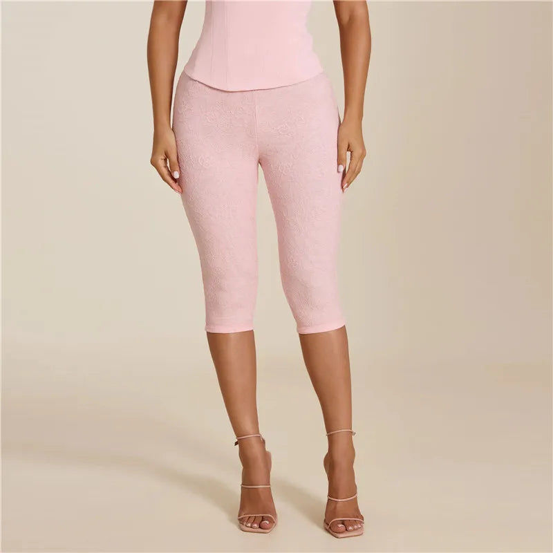 Elegant Women Floral Embossed Lace Capri Leggings High Waist Slim Stretch Knee Cropped Pants Solid Daily Casual Bottoms