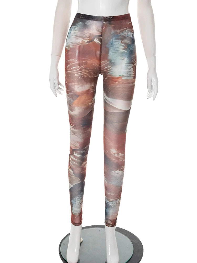 Sexy See Through Women Leggings Colorful Print High Waist Tight Midnight Party Club Y2K Stretch Skinny Long Trousers