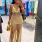 Sequin Knit Maxi Dress Women Hollow Long Tassel Halter Bandgae Low-Neck See Through Sleeveless Backless Vestidos