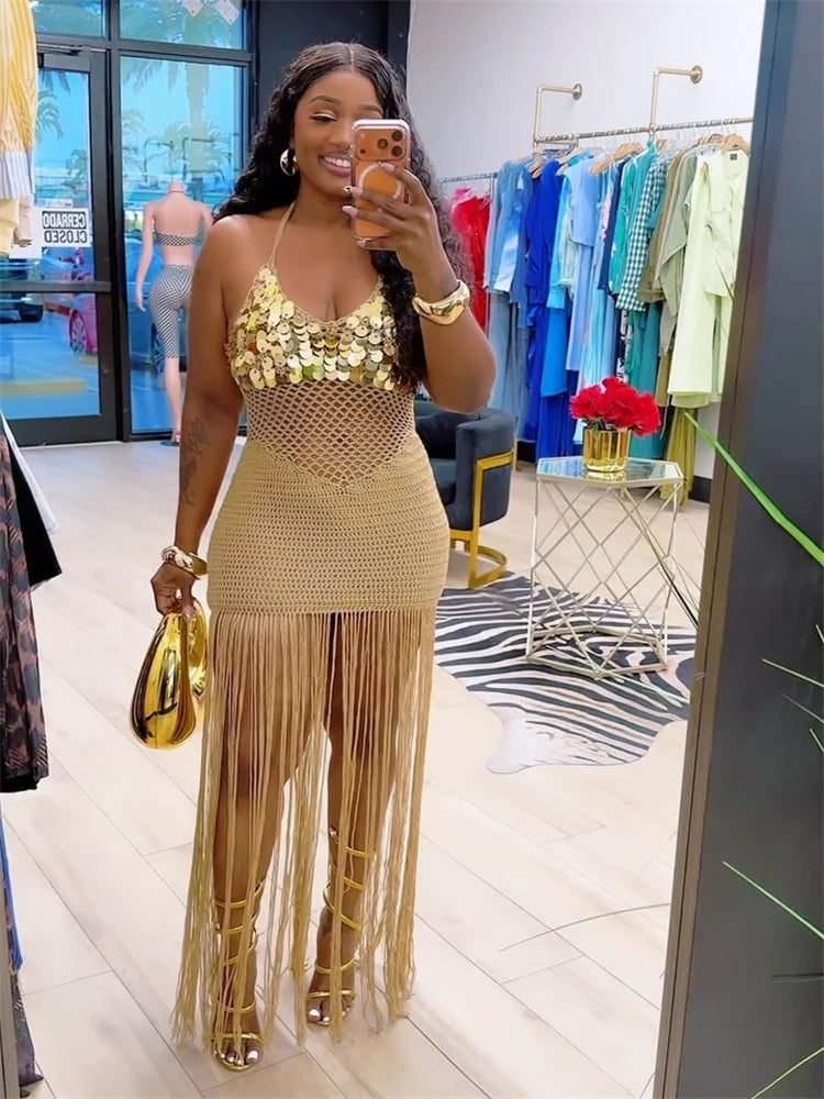 Sequin Knit Maxi Dress Women Hollow Long Tassel Halter Bandgae Low-Neck See Through Sleeveless Backless Vestidos