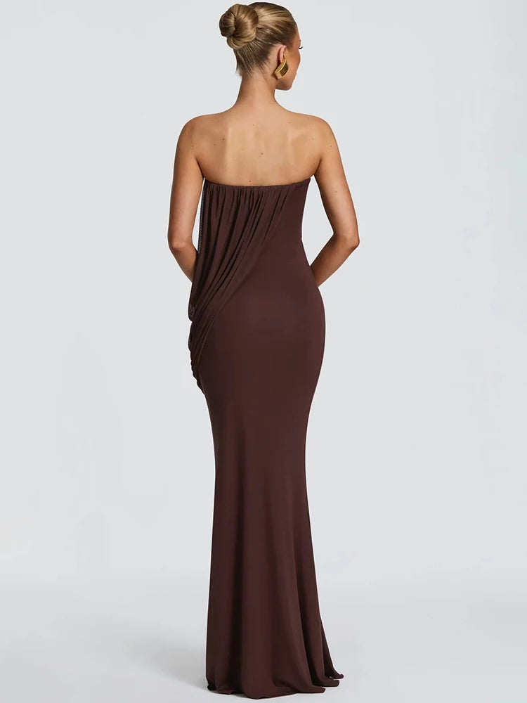 Strapless Draped Sexy Maxi Dress Elegant Bodycon Long Evening Party Dress Sleeveless Pleated Formal Wedding Guest Dress