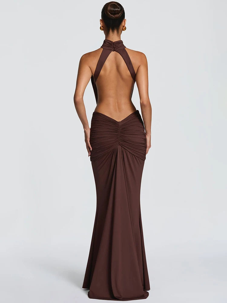 Turtleneck Backless Sexy Maxi Dress Women Gown Elegant Off-shoulder Sleeveless Ruched Bodycon Club Party Long Dress