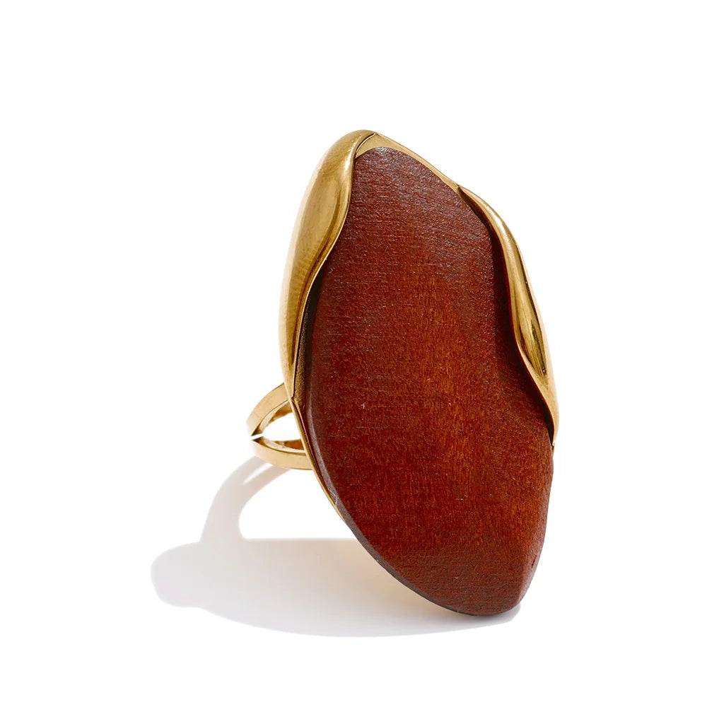 New Design Brown Green Beige Resin Geometric Adjustable Ring Golden PVD Stainless Steel Rust Proof Finger Jewelry Gift