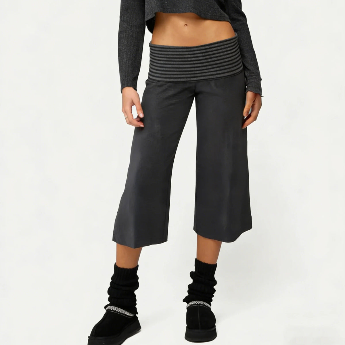 Womens Fold Over Lounge Capri Pants Striped Low Rise Wide Leg Gaucho Pants Yoga Culottes Casual Foldover Bottoms
