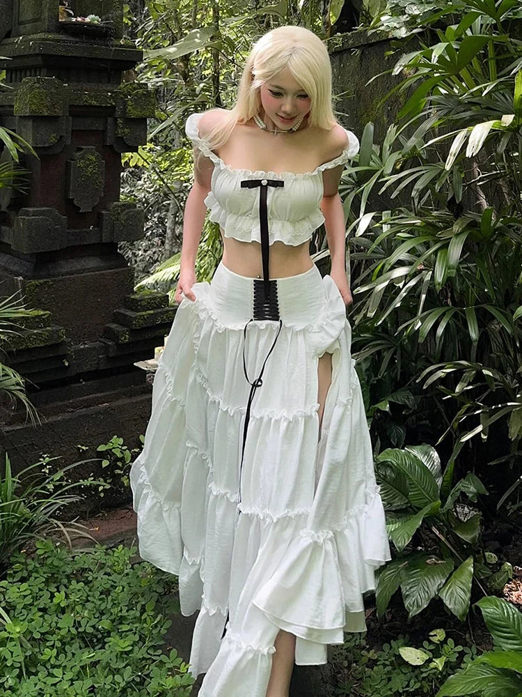 Sweet 2-Piece Set Women Y2K Slash neck Patchwork Lace Bow Crop Tops+High Split Bandage Skirts Matching Vacation Suits