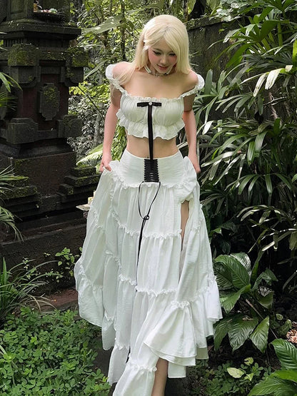 Sweet 2-Piece Set Women Y2K Slash neck Patchwork Lace Bow Crop Tops+High Split Bandage Skirts Matching Vacation Suits