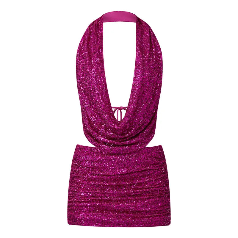 Women Sequin 2 Piece Outfit Sparkly Sexy Bodycon Sleeveless Halter Crop Top Split Mini Skirt Set Going Out Club Suit