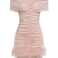 Sexy Furs Patchwork Dress Women Fashion Slash Neck Ruched Peach Buttocks Elegant Chic Evening Party Club Mini Bodycon