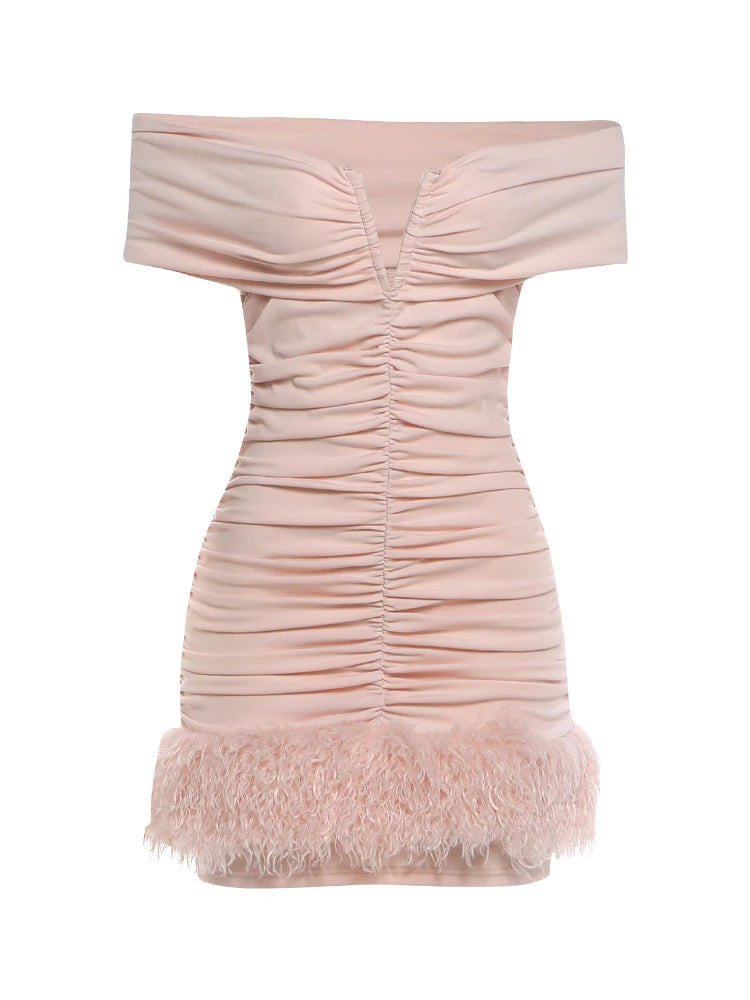 Sexy Furs Patchwork Dress Women Fashion Slash Neck Ruched Peach Buttocks Elegant Chic Evening Party Club Mini Bodycon