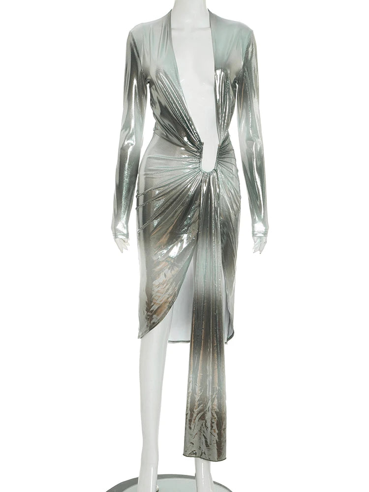 Sexy Silky Split Dress Women Irregular Ribbon Gradient Color Deep V-Neck Coquette Hottie Street Elegant Slim Bodycon