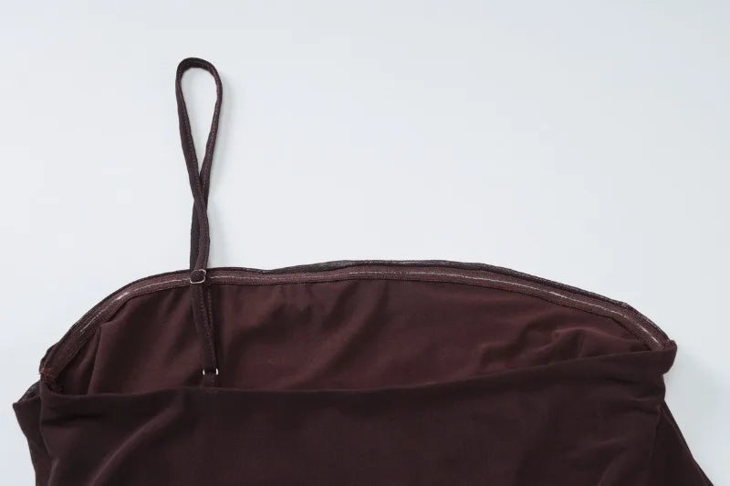 Halter Backless Long Maxi Dresses for Elegant Woman Brown Mesh Party Dress