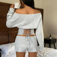 Corset Sweatshirts Woman 2 Piece Set Lace Up Backless Off Shoulder Long Sleeve Top and Shorts Tracksuits Y2k