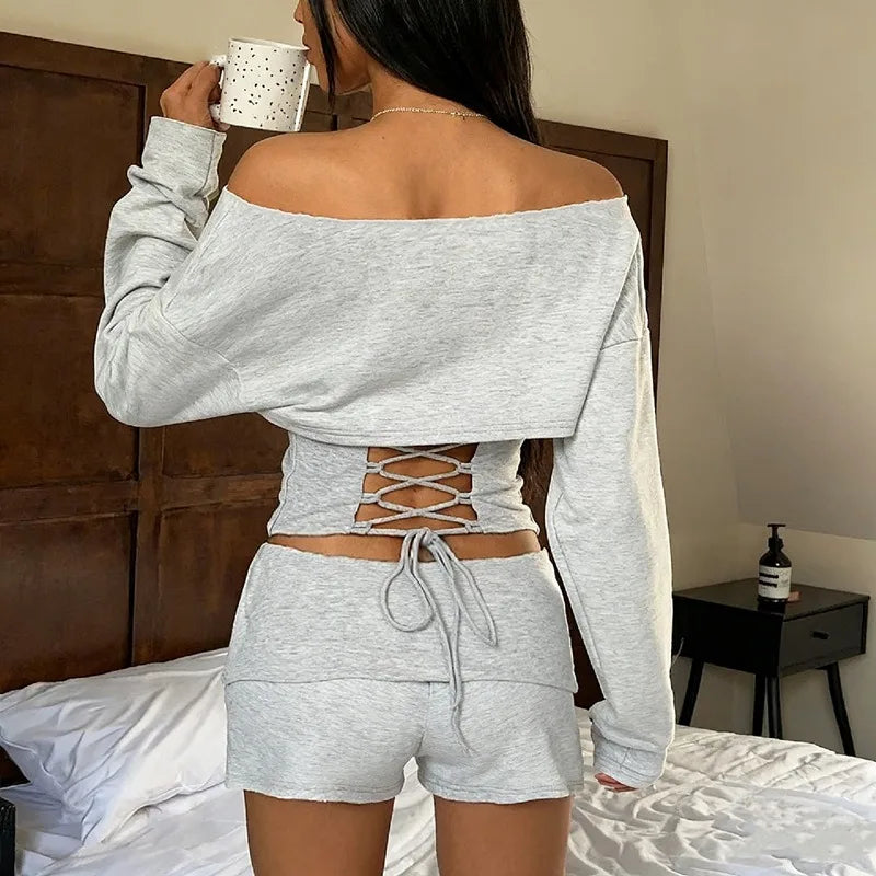 Corset Sweatshirts Woman 2 Piece Set Lace Up Backless Off Shoulder Long Sleeve Top and Shorts Tracksuits Y2k