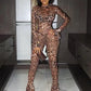 Leopard Print Flared Jumpsuit Women Sexy See Through o-Neck Full Sleeve Skinny Peach Hip Street Wild Style Overalls