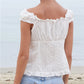 Boho Summer Eyelet Cutout Blouse Ladies Off The Shoulder Ruffle Trim V Neck Button Down Pleated Slim Fit Top Beachwear