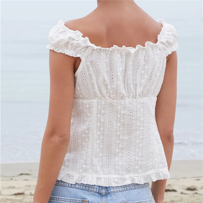 Boho Summer Eyelet Cutout Blouse Ladies Off The Shoulder Ruffle Trim V Neck Button Down Pleated Slim Fit Top Beachwear
