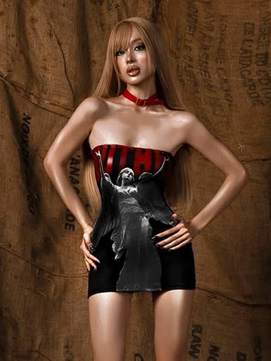 Fashion Print Mini Dress Women Sexy Off Shoulder Sleeveless Backless Skinny Peach Hip Hot Girls Wild Style Outfits