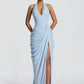 Wine Red Halter Deep V Maxi Dress Women Elegant Draped Ruched High Split Bodycon Cocktail Wedding Club Party Dresses