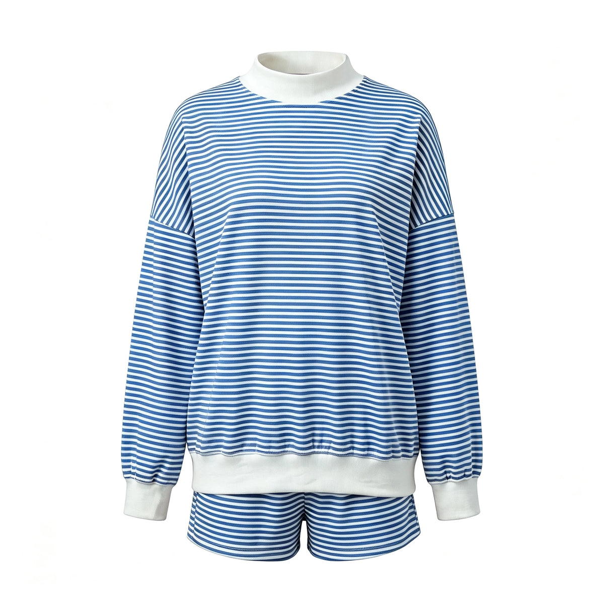 Women Mock Neck Striped Loungewear Two Piece Set Oversized Long Sleeve Sweatshirt And Shorts Casual Pajama Outfit