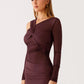 Inclined Shoulder Long Sleeve Sexy Mini Dress Women Fashion Mesh See Through Backless Ruched Club Party Dresses Female
