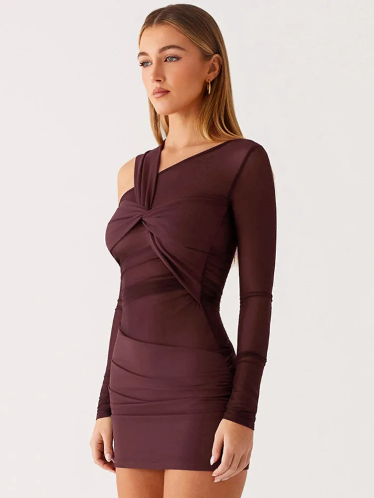 Inclined Shoulder Long Sleeve Sexy Mini Dress Women Fashion Mesh See Through Backless Ruched Club Party Dresses Female