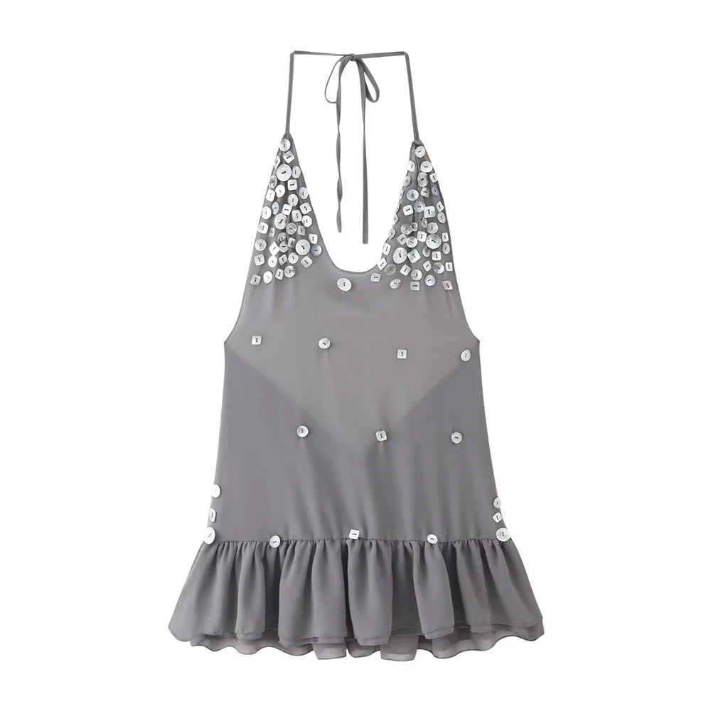 Summer Women Halter Sequin Ruffled Mini Dress Women V-neck Sleeveless Lace Up Backless Pleated Sexy Beach Dresses