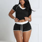 Casual Women 2 Piece Set Tracksuit Stretch Sporty Polo Neck Crop Tops+Wide Waist Shorts Matching Streetwear Outfits