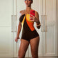 Off Shoulder Color-Blocking Playsuits Woman Metal Rings Patchwork Halter Backless High Street Sexy Chic Fashion Rompers