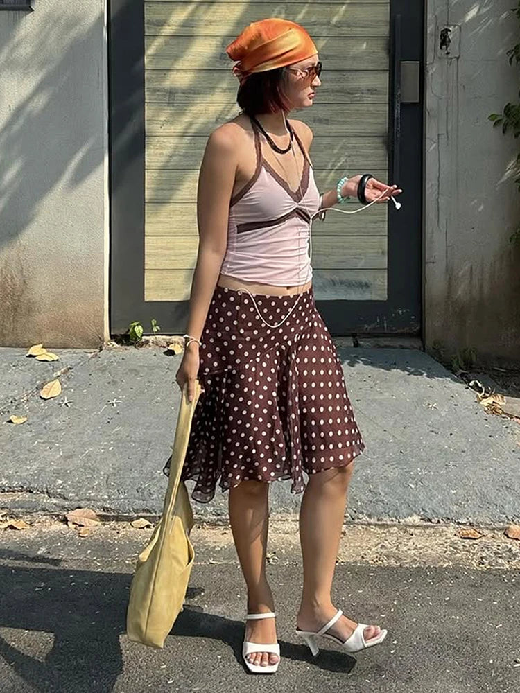 Chic Street 2 Piece Set Women Trend Line Patchwork Sleeveless Tank Top+Polka Dot Print Irregular Hem Skirt Party Suit