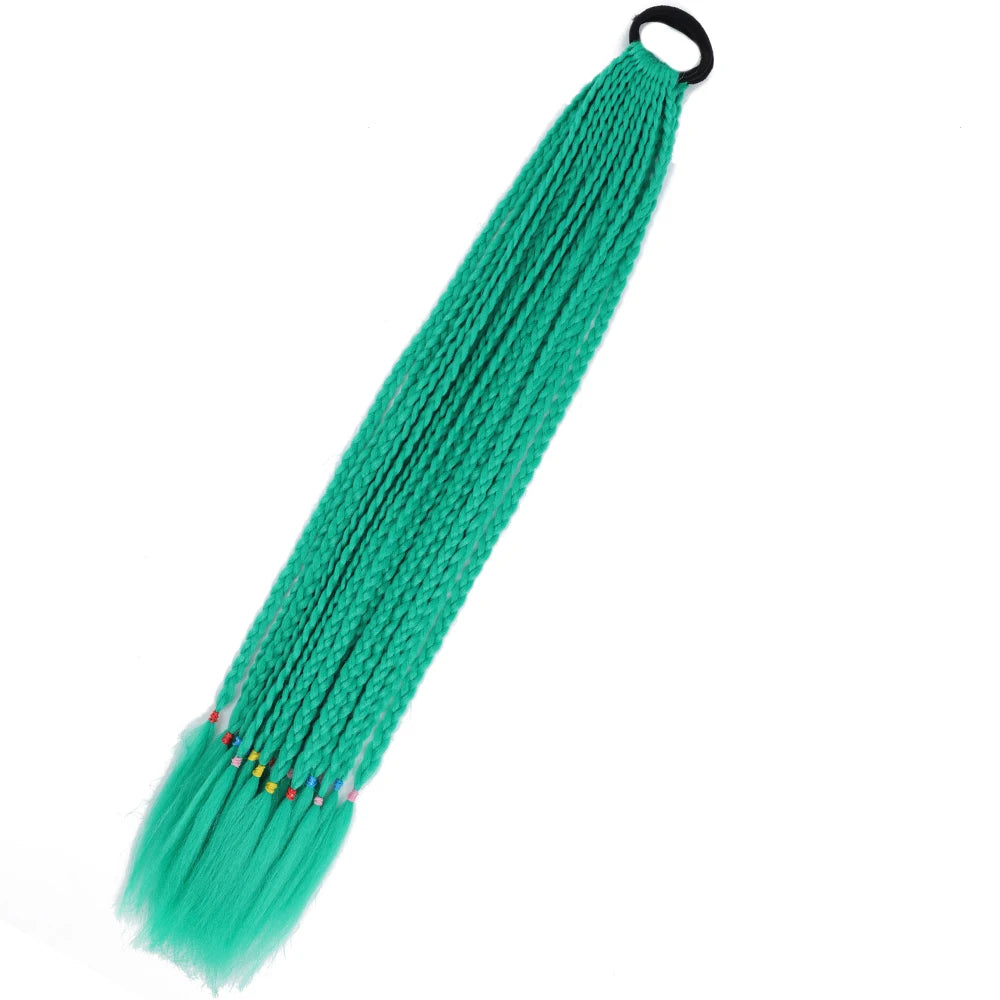 Synthetic 24inch Girls Colored Box Braided Ponytail With Elastic Rubber Band Hair Extensions Rainbow Color Box Pigtail Hairpiece