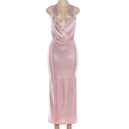 Women Rhinestone Halter Maxi Dress Cowl Neck Open Back Sleeveless Bodycon Party Club Evening Gown Sparkly Formal Dress