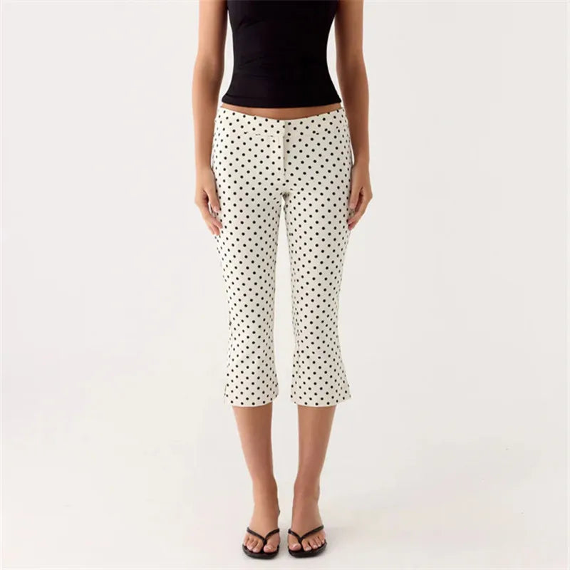 Women's Spring Summer Capri Pants Casual Low Waist Solid Color/Dot Print Slim Fit Cropped Trousers Fashion Streetwear