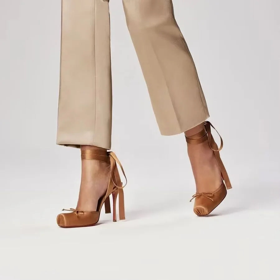 2026 Women's New Summer Square Satin High Heel Sandals with Ankle Strap, Fashionable Party and Banquet Ballet High Heels